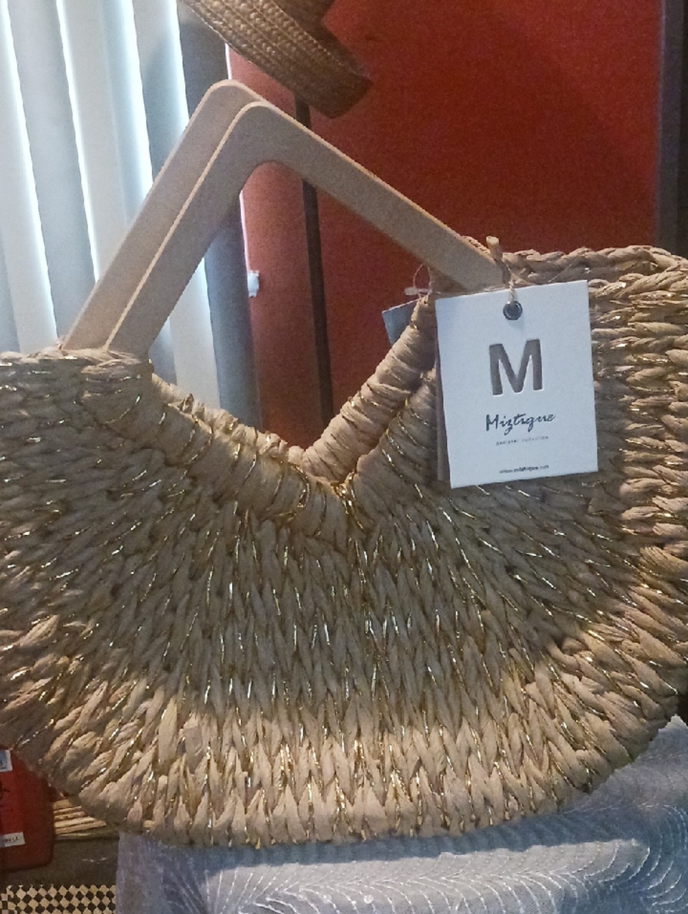 Miztique Gold-Thread Natural Straw Half-Moon Tote